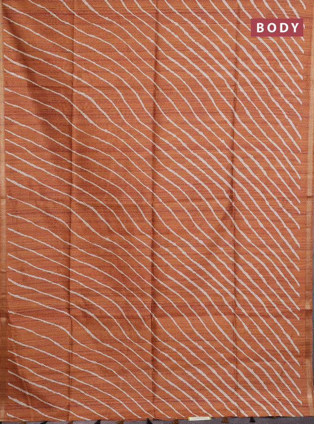 Semi tussar saree rust shade with leheriya prints and kalamkari prints & cut work pallu