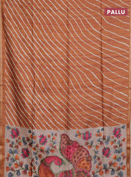 Semi tussar saree rust shade with leheriya prints and kalamkari prints & cut work pallu