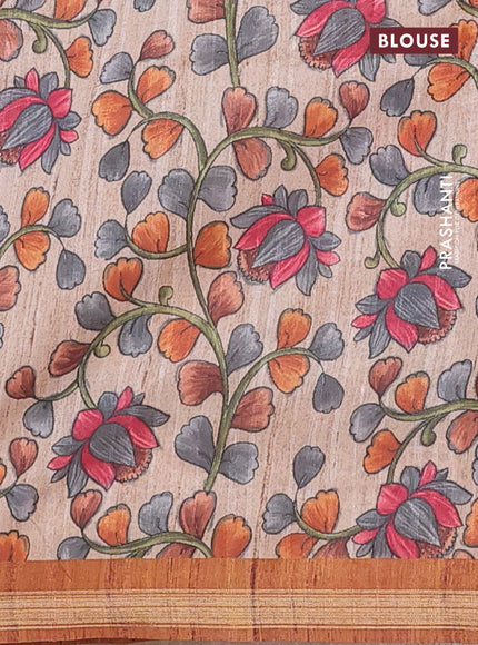 Semi tussar saree rust shade with leheriya prints and kalamkari prints & cut work pallu