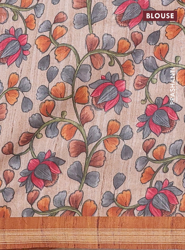 Semi tussar saree rust shade with leheriya prints and kalamkari prints & cut work pallu