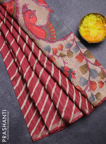 Semi tussar saree maroon with leheriya prints and kalamkari prints & cut work pallu