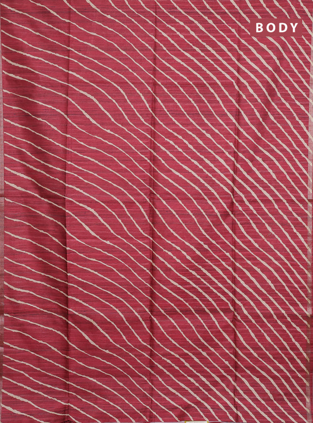 Semi tussar saree maroon with leheriya prints and kalamkari prints & cut work pallu