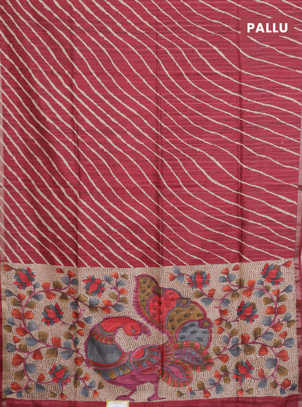 Semi tussar saree maroon with leheriya prints and kalamkari prints & cut work pallu
