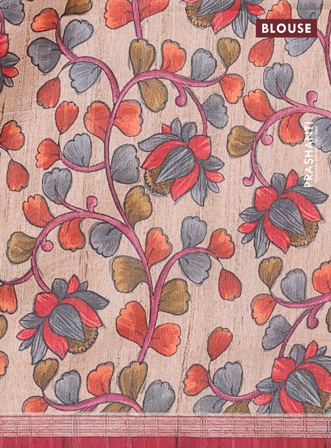 Semi tussar saree maroon with leheriya prints and kalamkari prints & cut work pallu