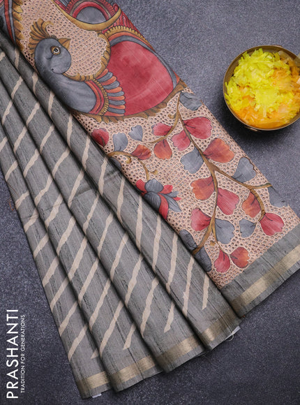 Semi tussar saree grey with leheriya prints and kalamkari prints & cut work pallu