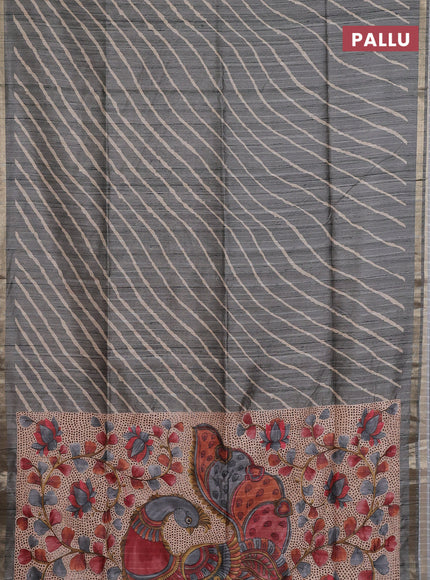 Semi tussar saree grey with leheriya prints and kalamkari prints & cut work pallu