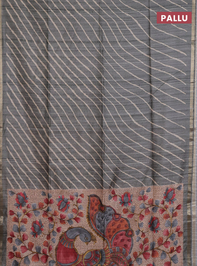 Semi tussar saree grey with leheriya prints and kalamkari prints & cut work pallu