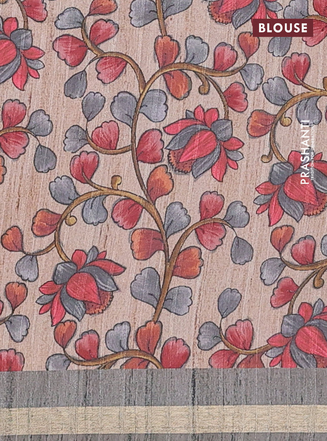 Semi tussar saree grey with leheriya prints and kalamkari prints & cut work pallu