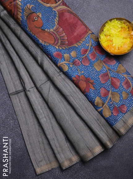 Semi tussar saree greyish green with plain body and kalamkari prints & cut work pallu