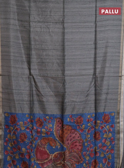 Semi tussar saree greyish green with plain body and kalamkari prints & cut work pallu