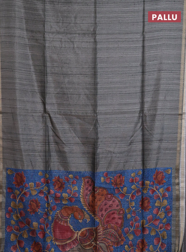 Semi tussar saree greyish green with plain body and kalamkari prints & cut work pallu