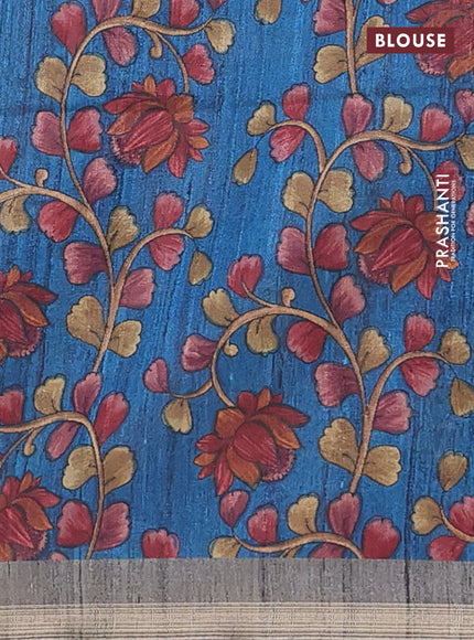 Semi tussar saree greyish green with plain body and kalamkari prints & cut work pallu