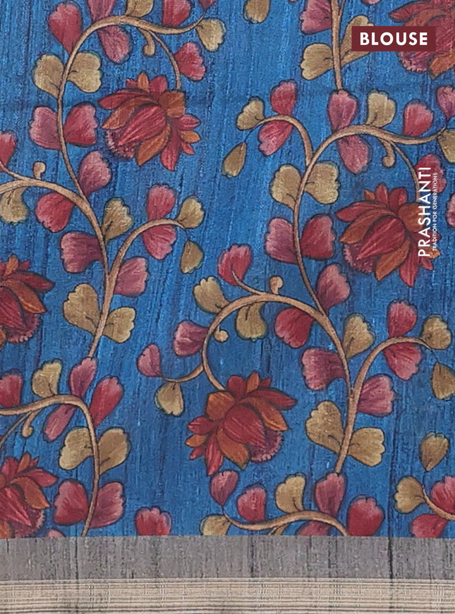 Semi tussar saree greyish green with plain body and kalamkari prints & cut work pallu