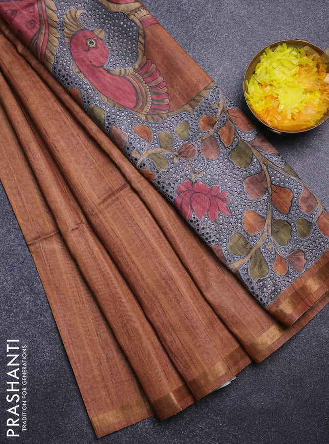 Semi tussar saree dark mustard with plain body and kalamkari prints & cut work pallu