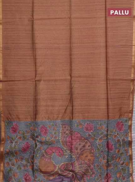 Semi tussar saree dark mustard with plain body and kalamkari prints & cut work pallu