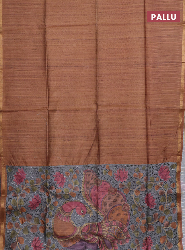 Semi tussar saree dark mustard with plain body and kalamkari prints & cut work pallu