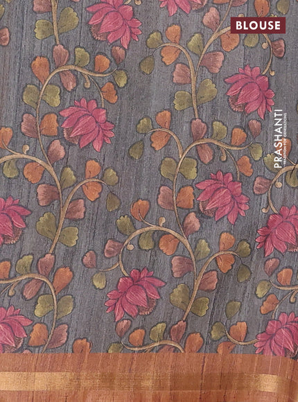 Semi tussar saree dark mustard with plain body and kalamkari prints & cut work pallu