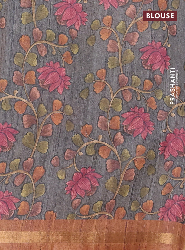 Semi tussar saree dark mustard with plain body and kalamkari prints & cut work pallu