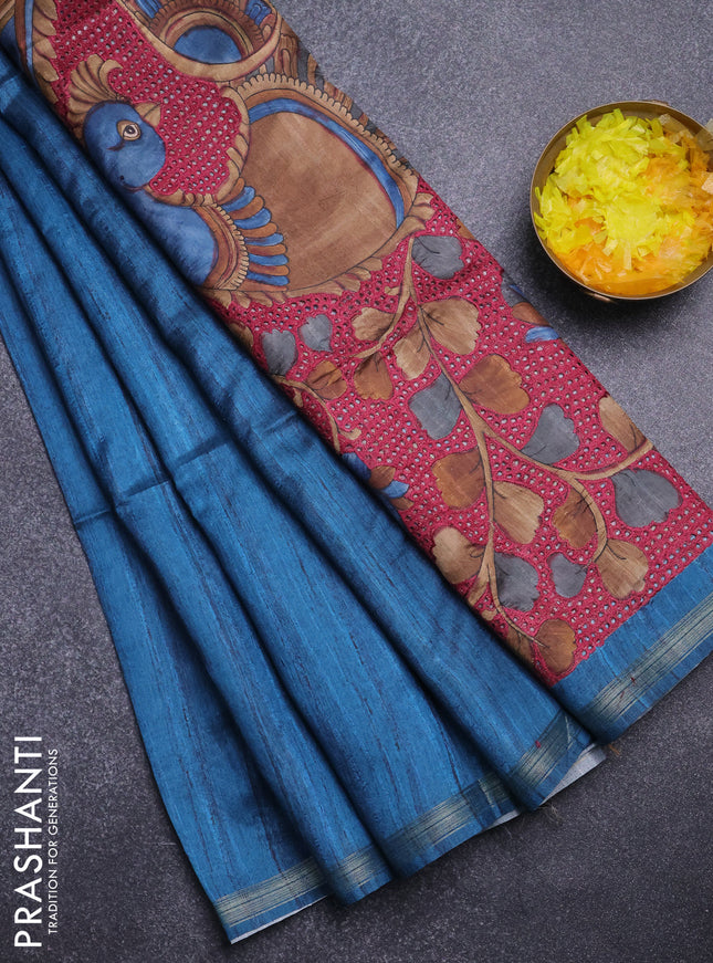 Semi tussar saree peacock blue with plain body and kalamkari prints & cut work pallu
