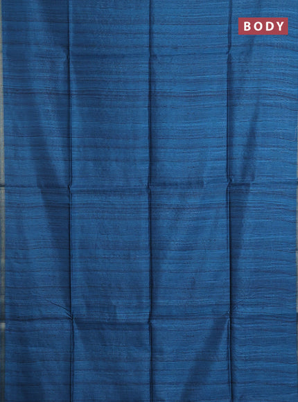 Semi tussar saree peacock blue with plain body and kalamkari prints & cut work pallu