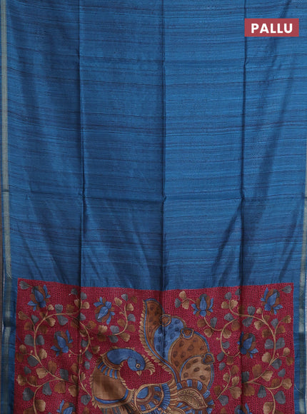 Semi tussar saree peacock blue with plain body and kalamkari prints & cut work pallu