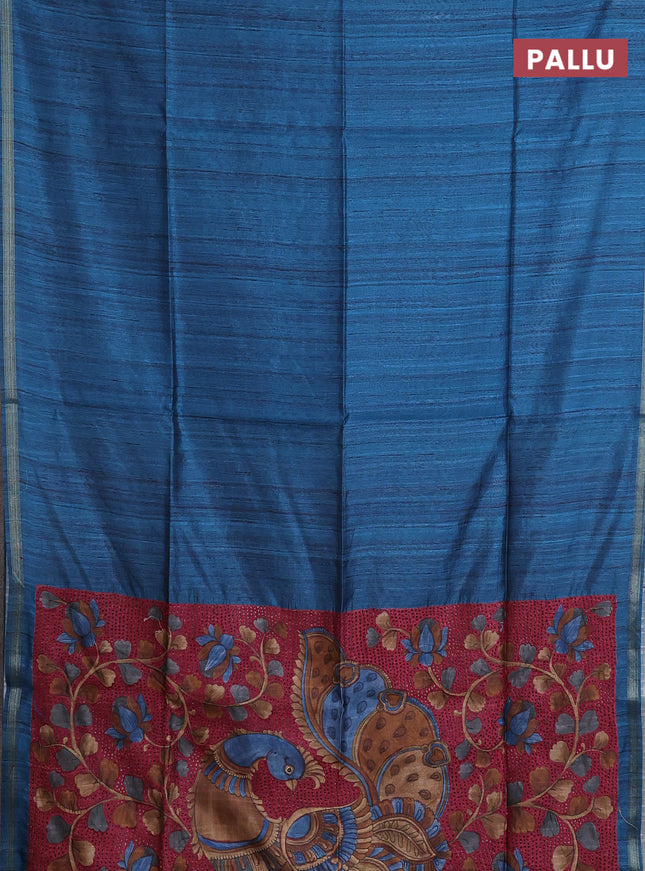 Semi tussar saree peacock blue with plain body and kalamkari prints & cut work pallu