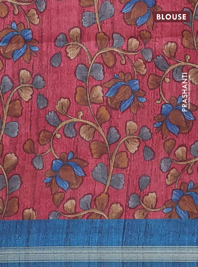 Semi tussar saree peacock blue with plain body and kalamkari prints & cut work pallu