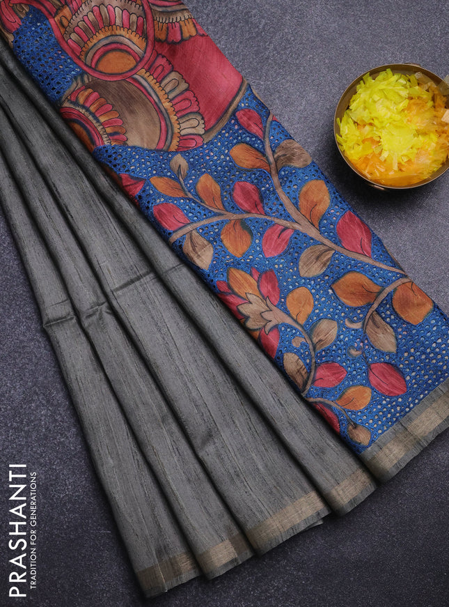 Semi tussar saree greyish green with plain body and kalamkari prints & cut work pallu
