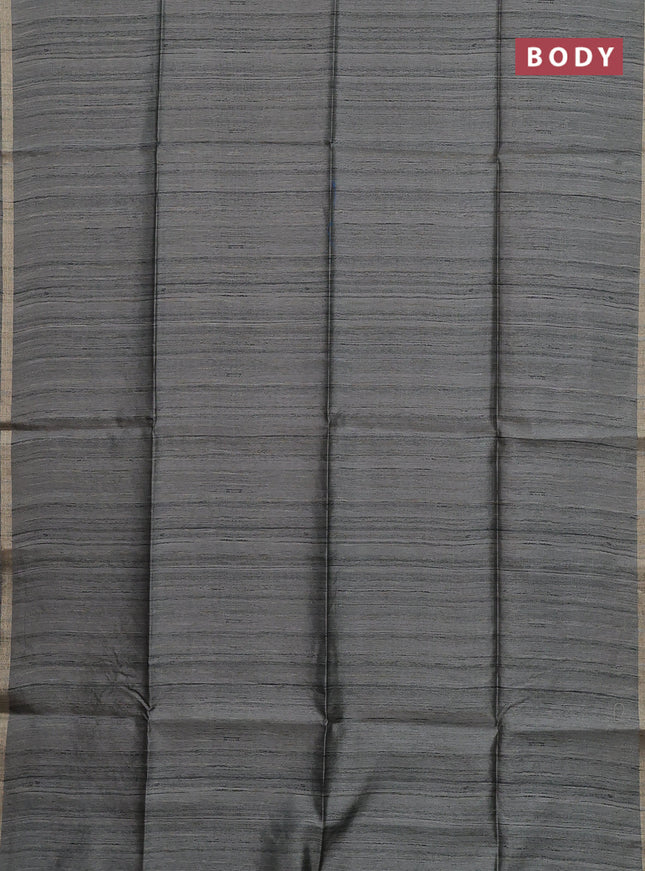 Semi tussar saree greyish green with plain body and kalamkari prints & cut work pallu