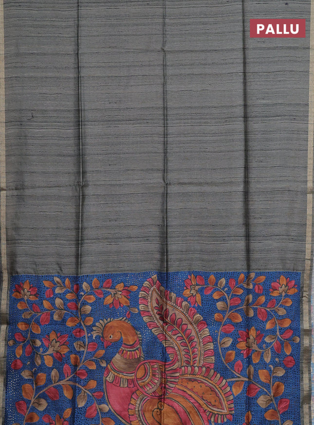 Semi tussar saree greyish green with plain body and kalamkari prints & cut work pallu