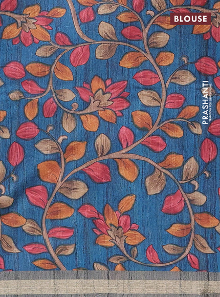 Semi tussar saree greyish green with plain body and kalamkari prints & cut work pallu