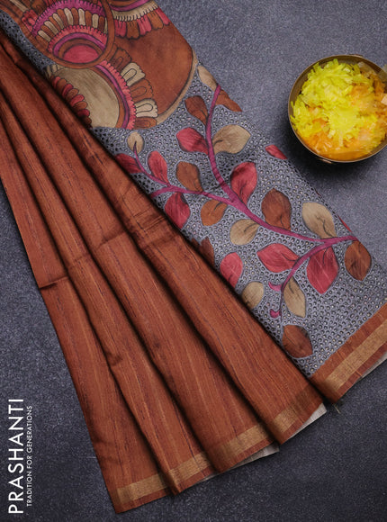 Semi tussar saree rust shade with plain body and kalamkari prints & cut work pallu