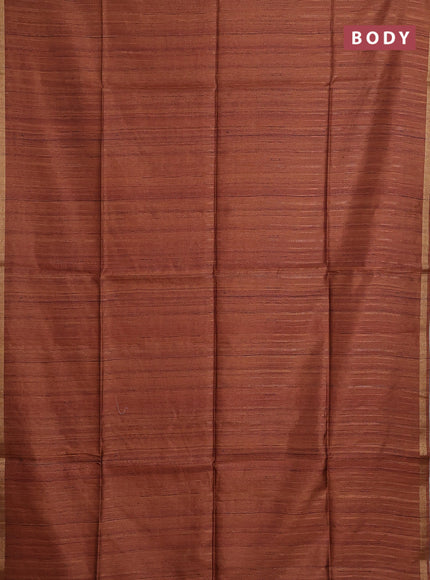 Semi tussar saree rust shade with plain body and kalamkari prints & cut work pallu