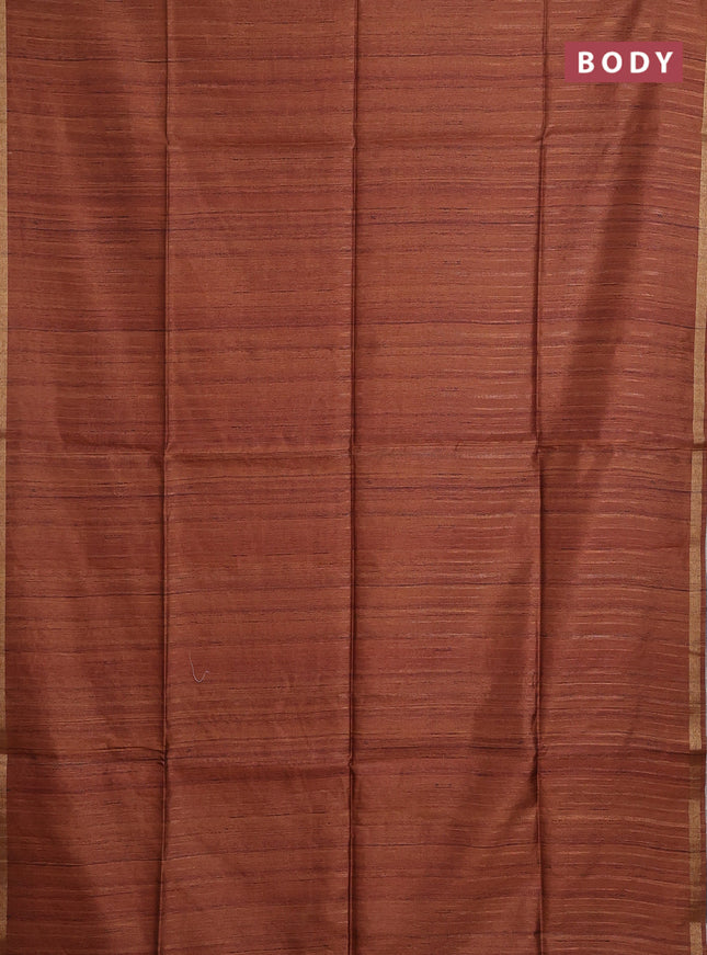 Semi tussar saree rust shade with plain body and kalamkari prints & cut work pallu