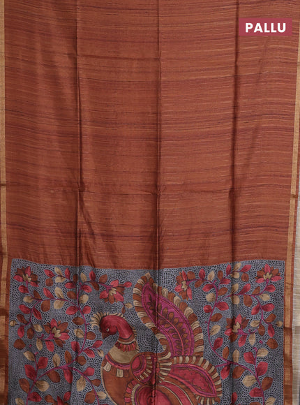 Semi tussar saree rust shade with plain body and kalamkari prints & cut work pallu