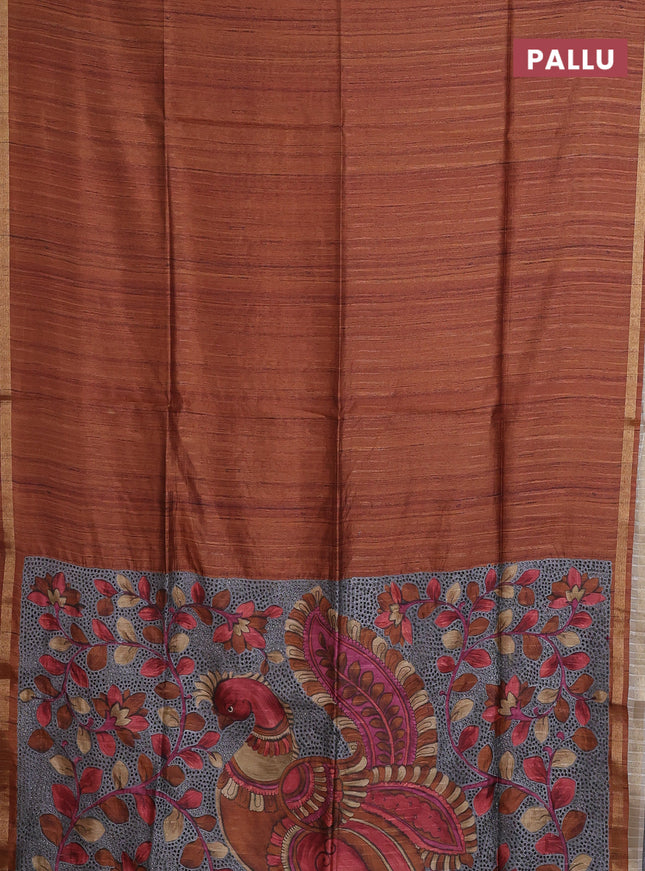 Semi tussar saree rust shade with plain body and kalamkari prints & cut work pallu