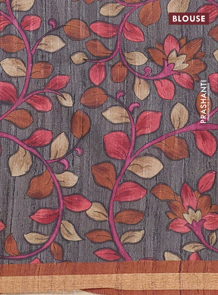Semi tussar saree rust shade with plain body and kalamkari prints & cut work pallu