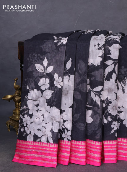 Kota silk cotton saree black and pink with allover floral digital prints and woven border