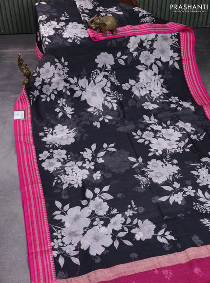 Kota silk cotton saree black and pink with allover floral digital prints and woven border