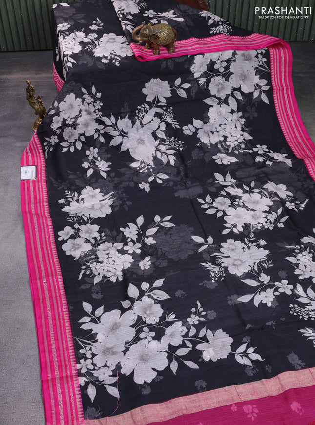 Kota silk cotton saree black and pink with allover floral digital prints and woven border