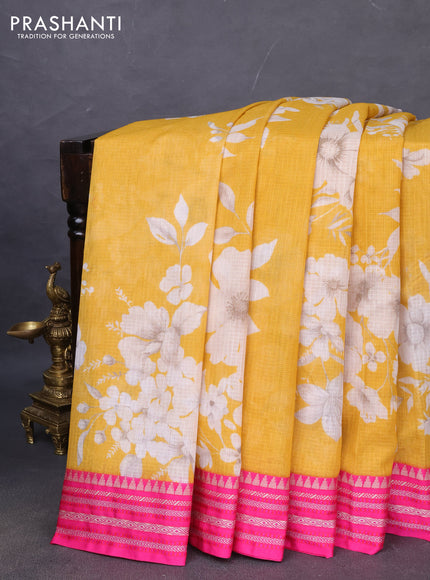 Kota silk cotton saree yellow and pink with allover floral digital prints and woven border