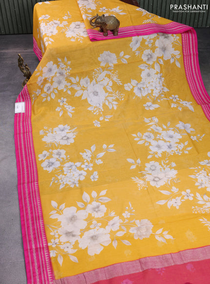 Kota silk cotton saree yellow and pink with allover floral digital prints and woven border
