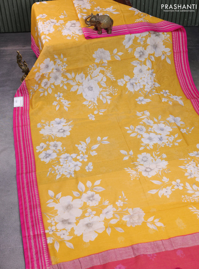 Kota silk cotton saree yellow and pink with allover floral digital prints and woven border