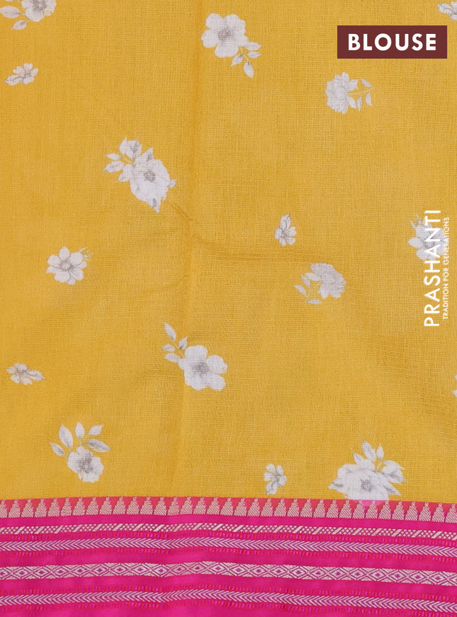 Kota silk cotton saree yellow and pink with allover floral digital prints and woven border