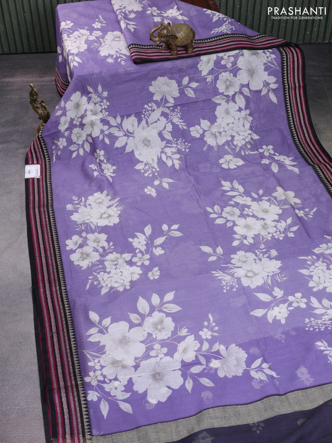 Kota silk cotton saree lavender and black with allover floral digital prints and woven border