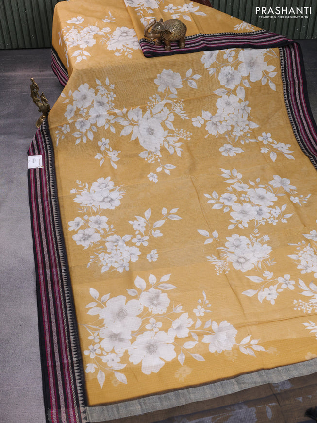 Kota silk cotton saree sandal and black with allover floral digital prints and woven border