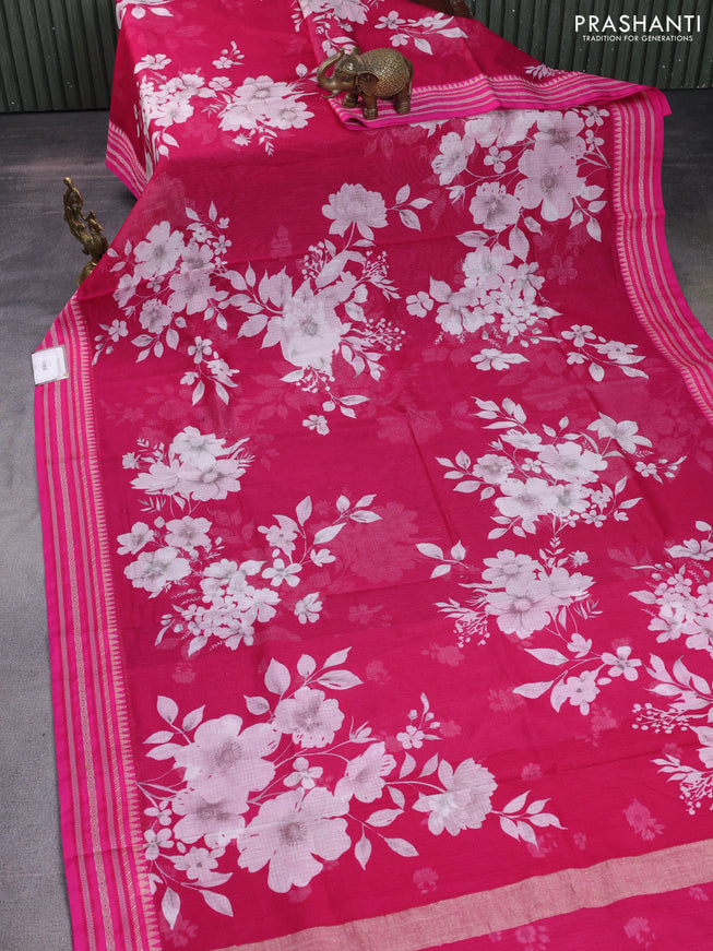 Kota silk cotton saree pink with allover floral digital prints and woven border