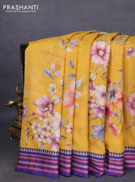 Kota silk cotton saree mustard yellow and blue with allover floral digital prints and woven border