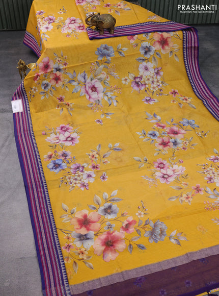Kota silk cotton saree mustard yellow and blue with allover floral digital prints and woven border