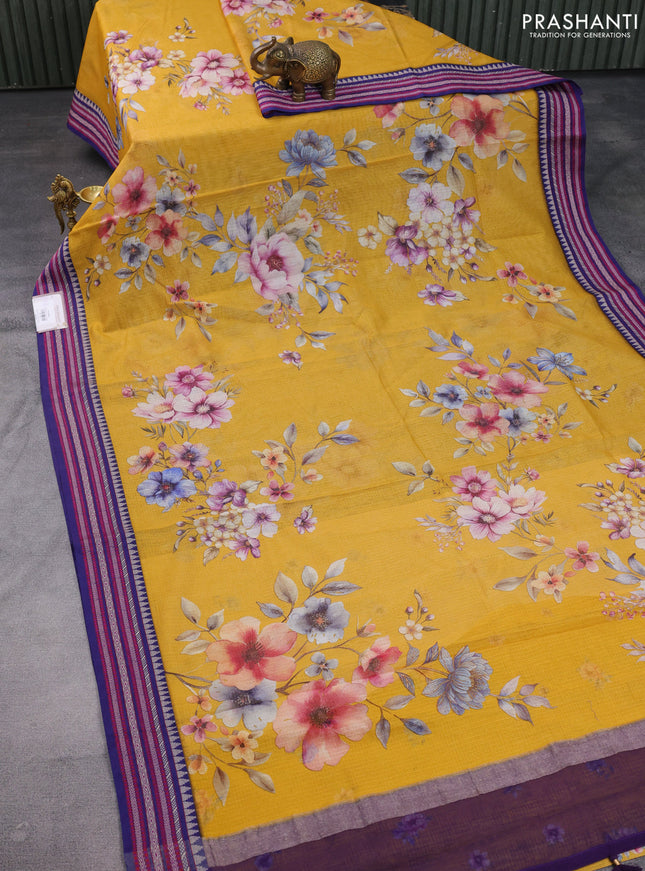 Kota silk cotton saree mustard yellow and blue with allover floral digital prints and woven border